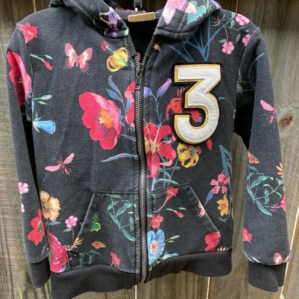 ZARA Girls Collection Hooded Sweater Size 5 Black / Floral Pockets ‎ Zip Up